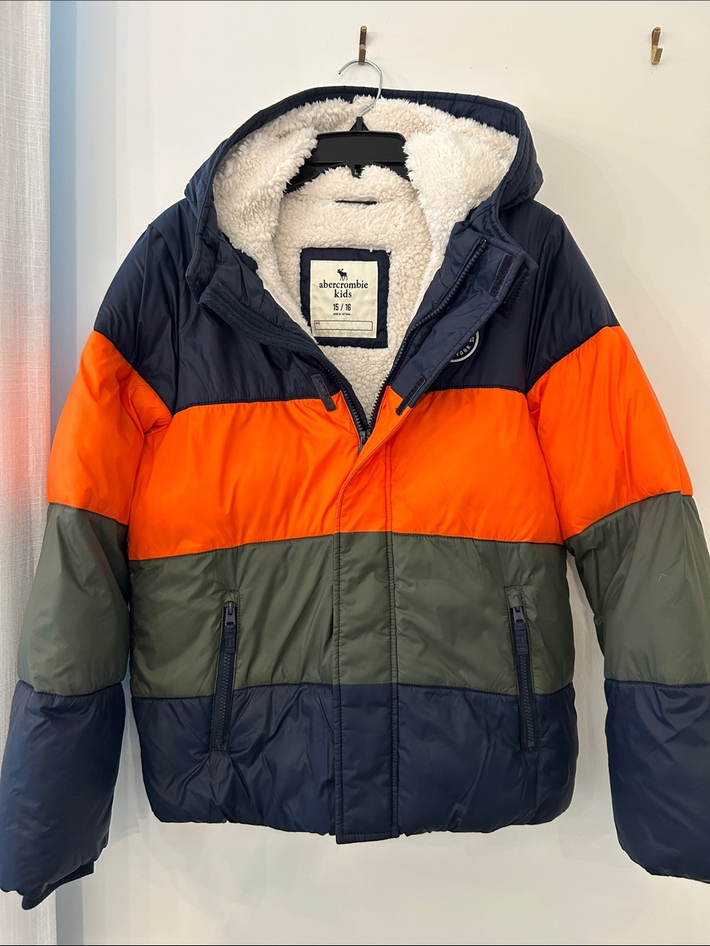 abercrombie kids Navy, Orange & Olive Colorblock Puffer Jacket